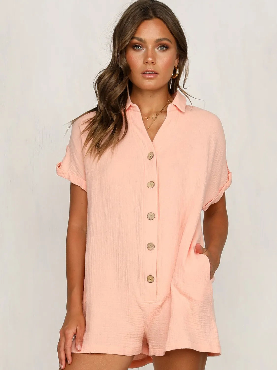 Button Front Short Sleeve Romper-9