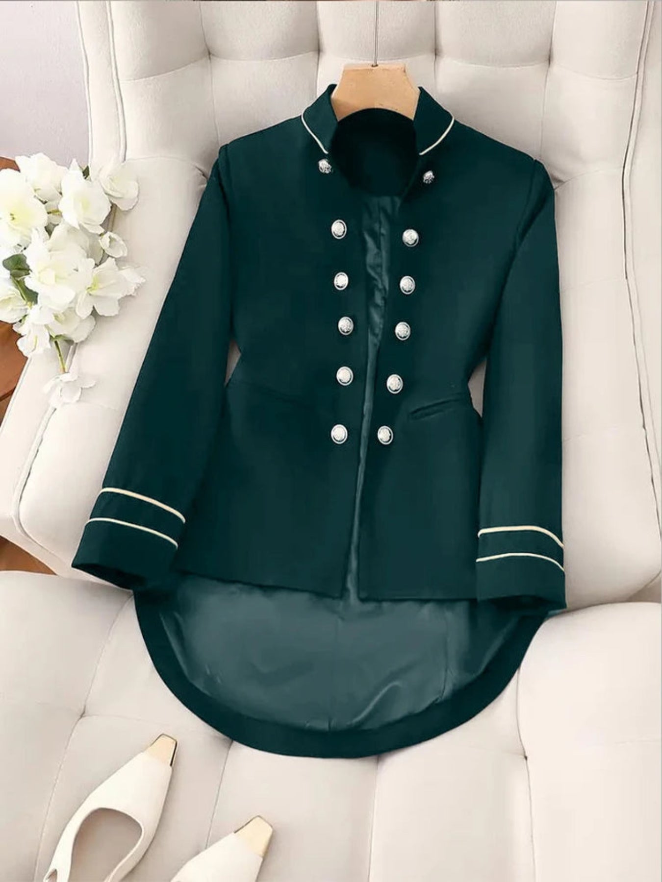 Decorative Button Hight-Low Blazer with Cuff Trim | Necessary Clothing