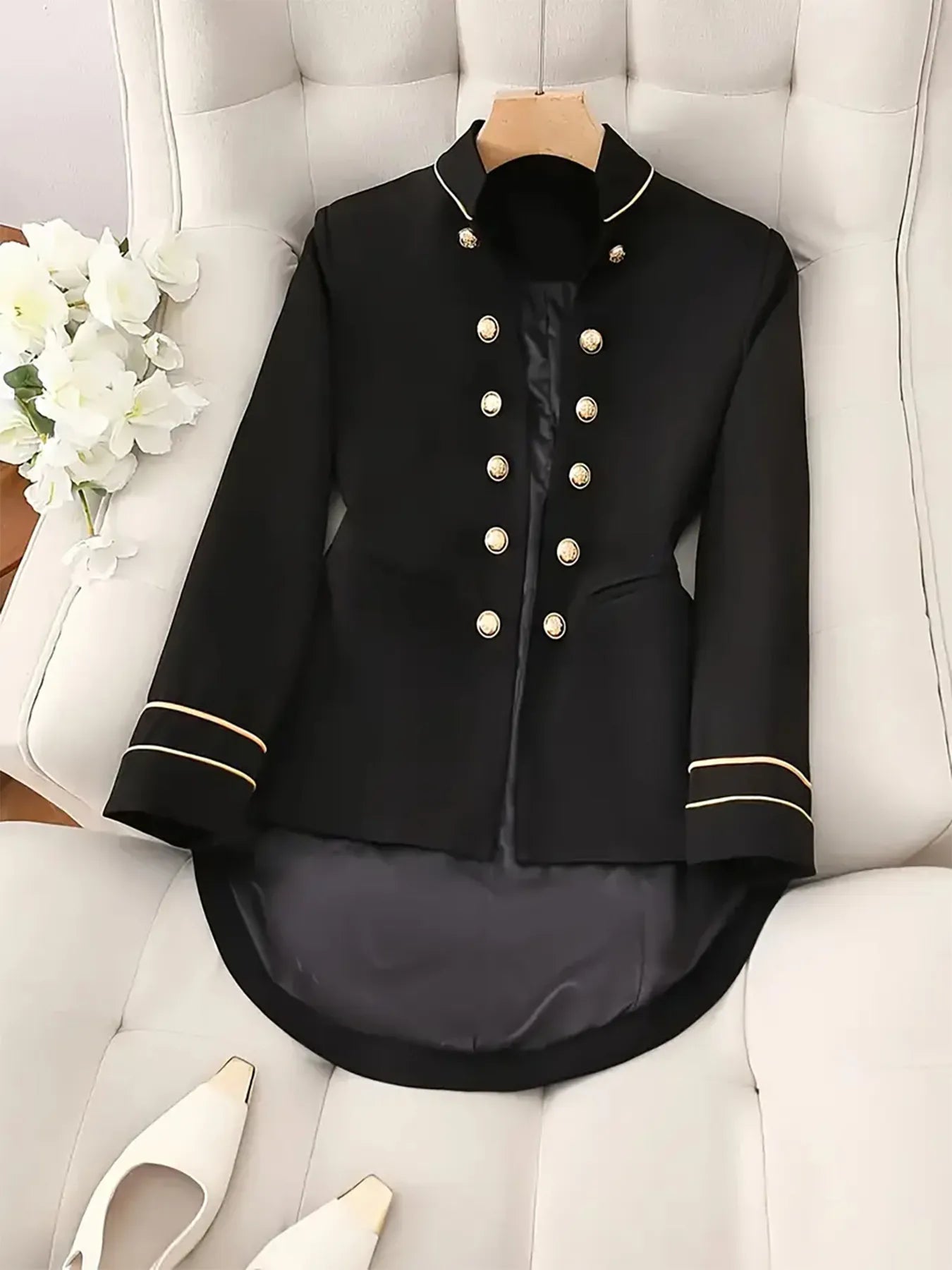 Decorative Button Hight-Low Blazer with Cuff Trim | Necessary Clothing