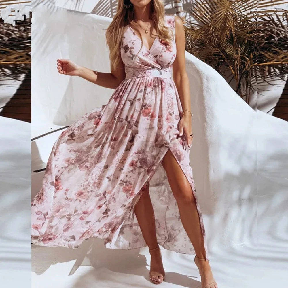 V Neck Split Floral Print Long Spaghetti Strap Chiffon Elegant Maxi Dress - Necessary Clothing Store