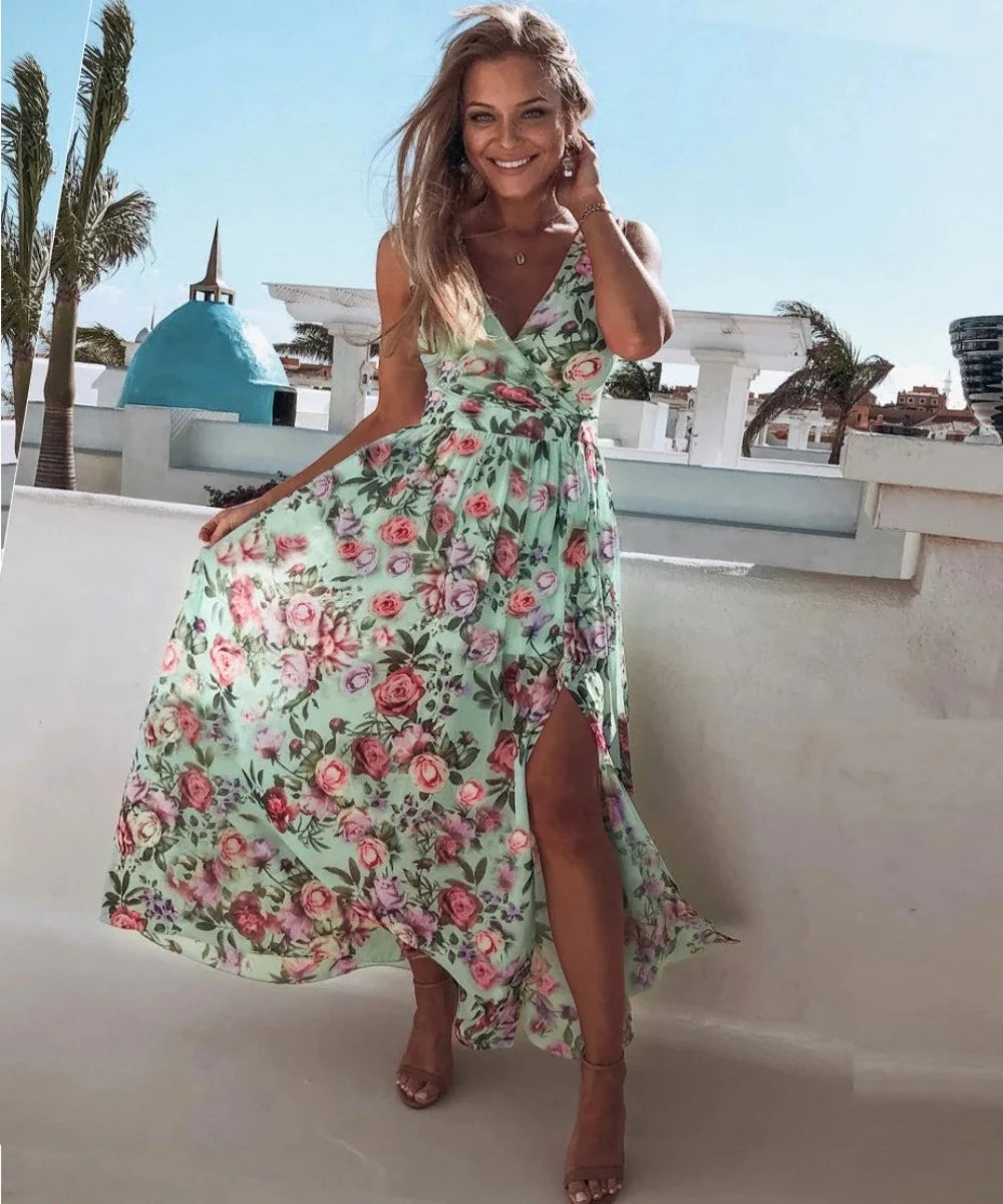V Neck Split Floral Print Long Spaghetti Strap Chiffon Elegant Maxi Dress - Necessary Clothing Store