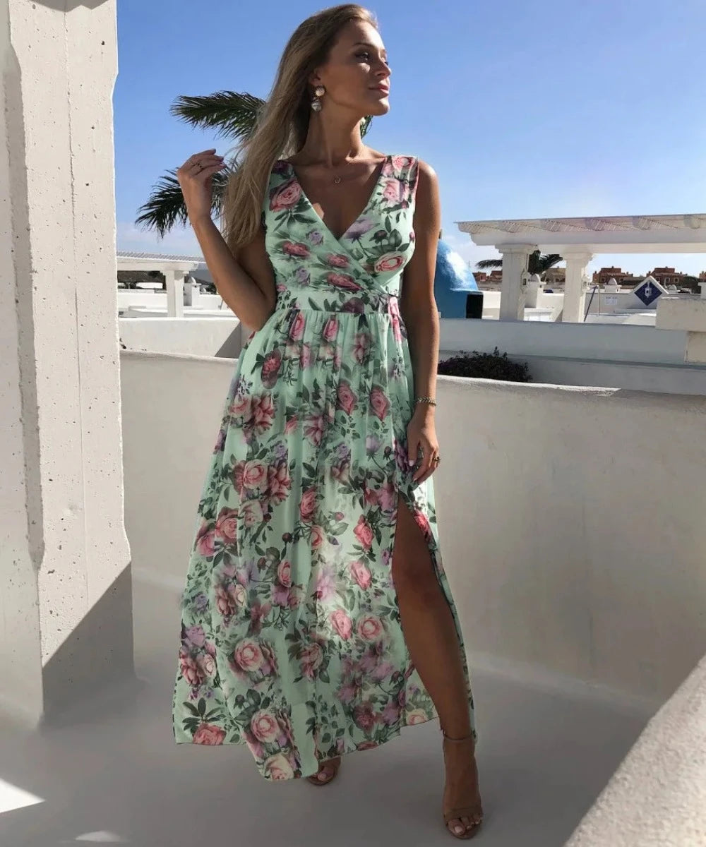 V Neck Split Floral Print Long Spaghetti Strap Chiffon Elegant Maxi Dress - Necessary Clothing Store