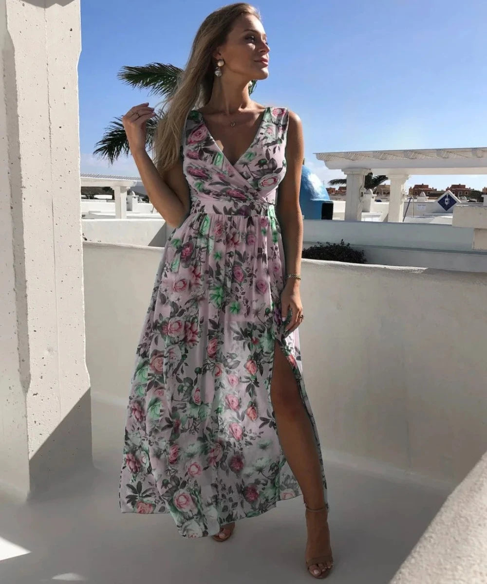V Neck Split Floral Print Long Spaghetti Strap Chiffon Elegant Maxi Dress - Necessary Clothing Store