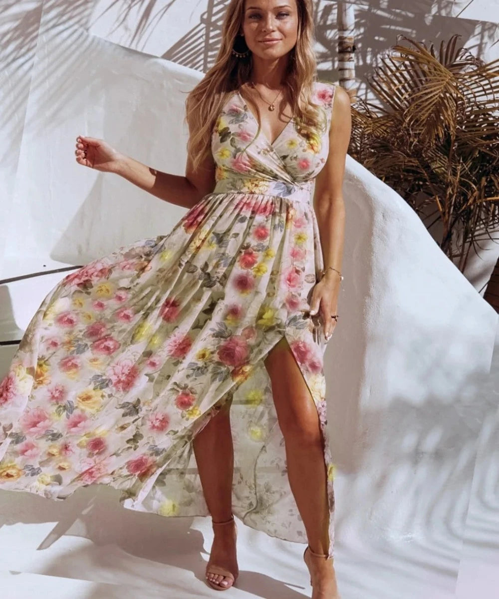 V Neck Split Floral Print Long Spaghetti Strap Chiffon Elegant Maxi Dress - Necessary Clothing Store