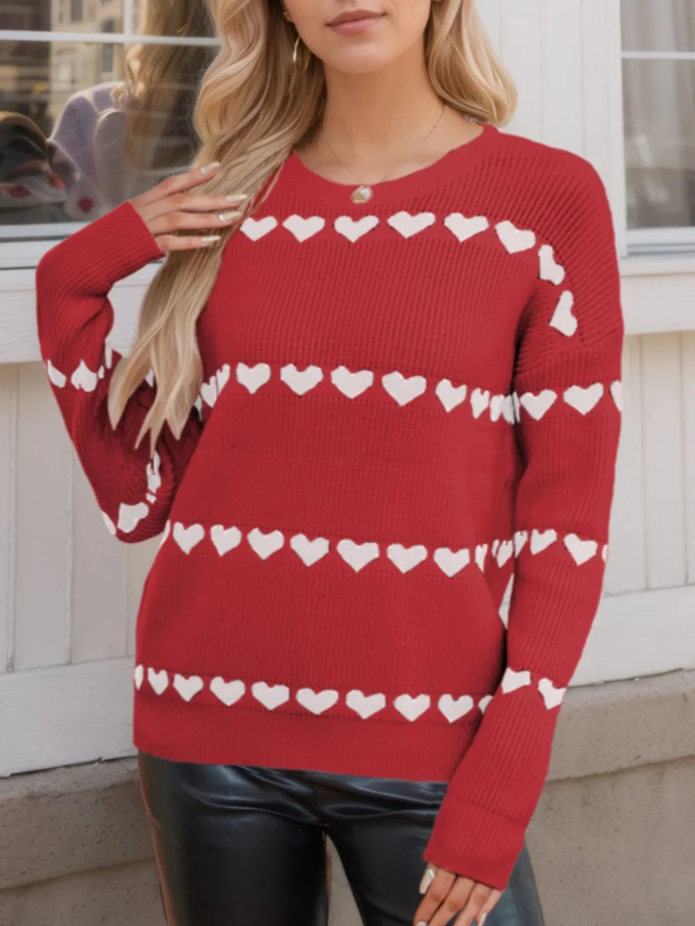 Heart Round Neck Long Sleeve Sweater | Necessary Clothing