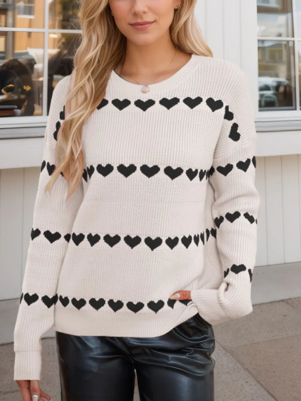 Heart Round Neck Long Sleeve Sweater | Necessary Clothing