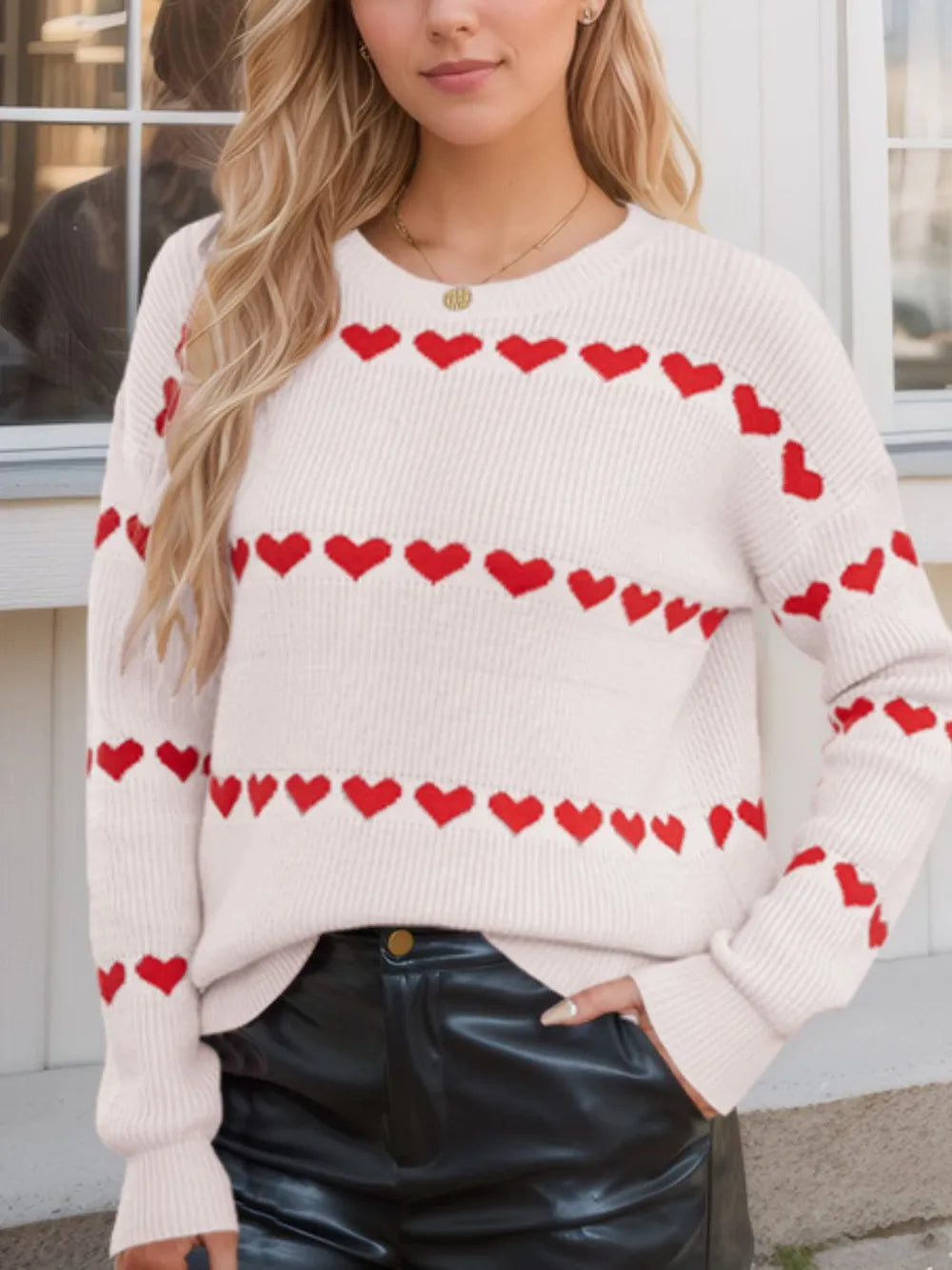Heart Round Neck Long Sleeve Sweater | Necessary Clothing