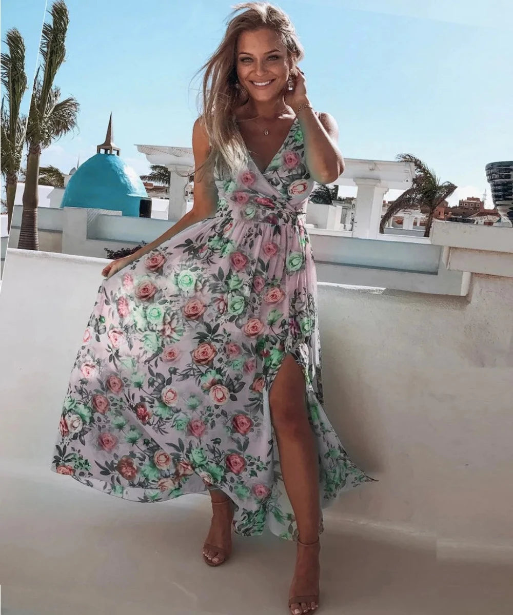 V Neck Split Floral Print Long Spaghetti Strap Chiffon Elegant Maxi Dress - Necessary Clothing Store