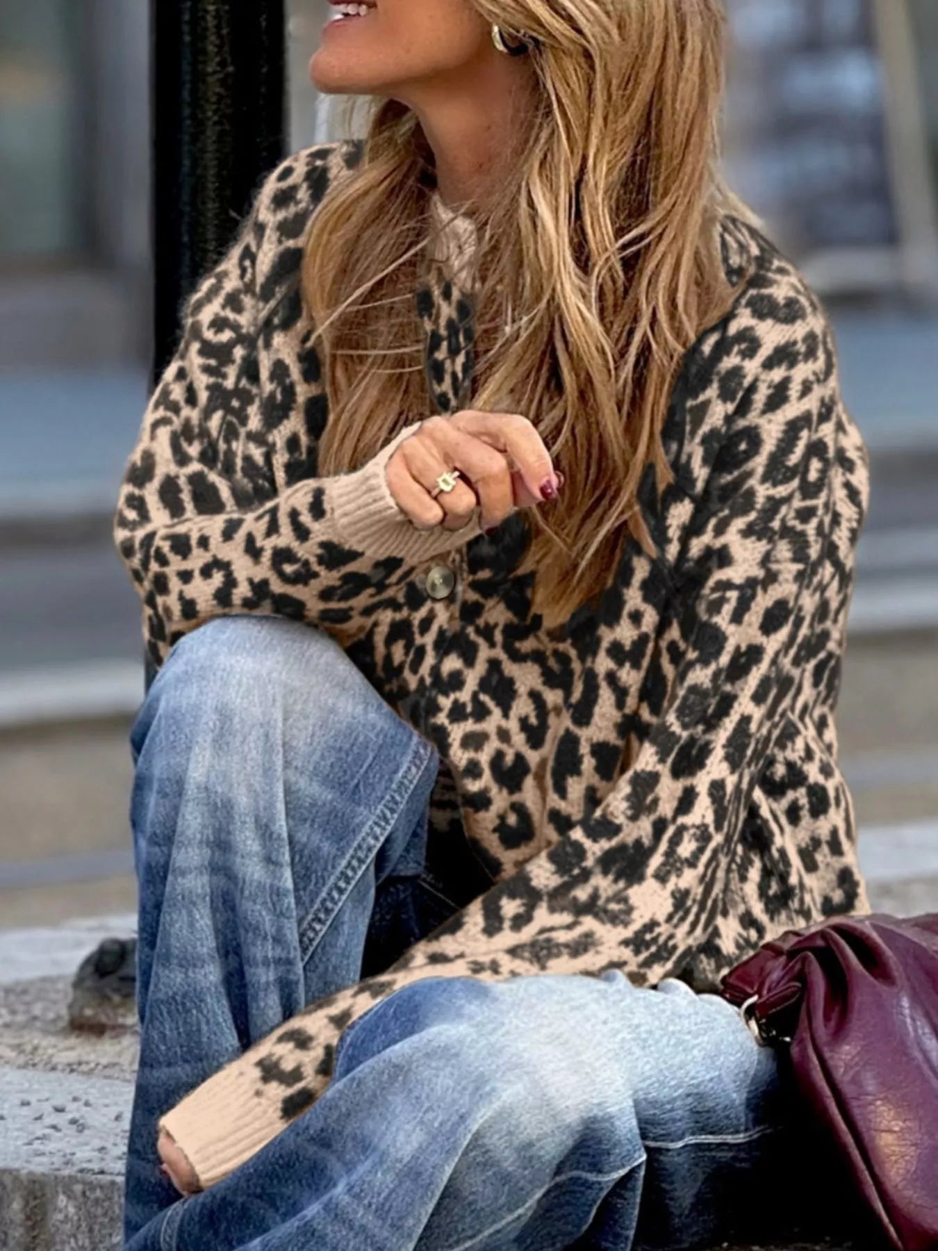 Leopard Drop Shoulder Chunky Knitted Cardigan | Necessary Clothing