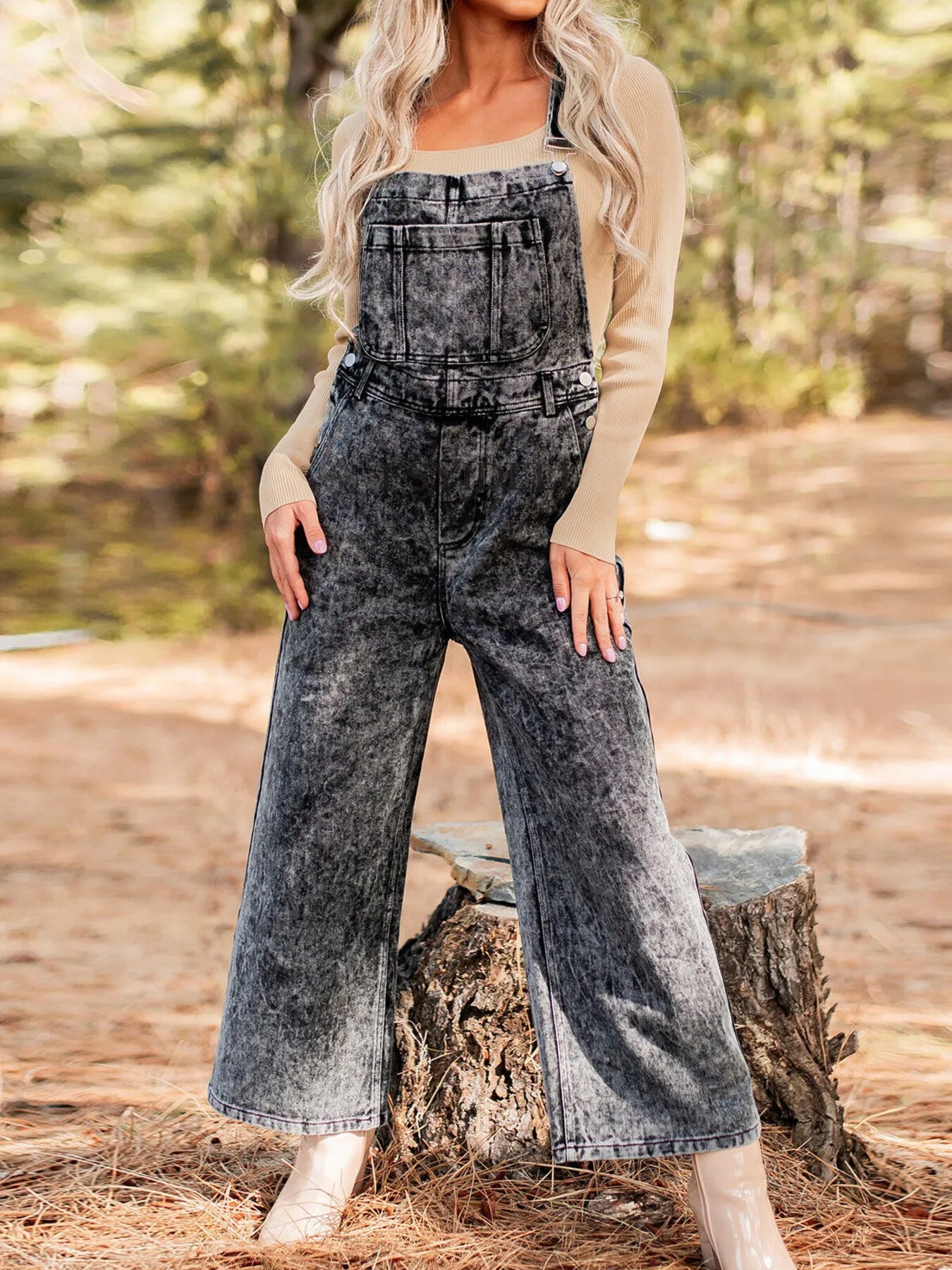 Washed Wide Leg Denim Overalls with Front Pockets | Necessary Clothing