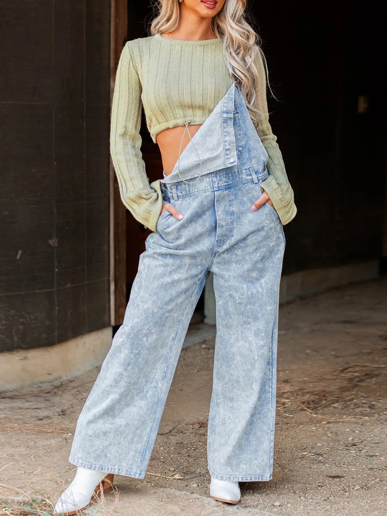 Washed Wide Leg Denim Overalls with Front Pockets | Necessary Clothing