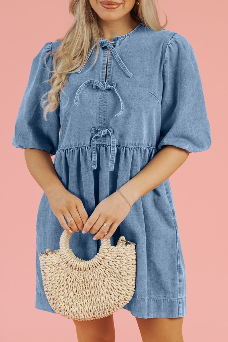 Bowknot Round Neck Half Sleeve Denim Dress - Necessary Clothing