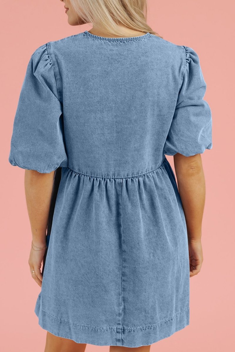 Bowknot Round Neck Half Sleeve Denim Dress - Necessary Clothing