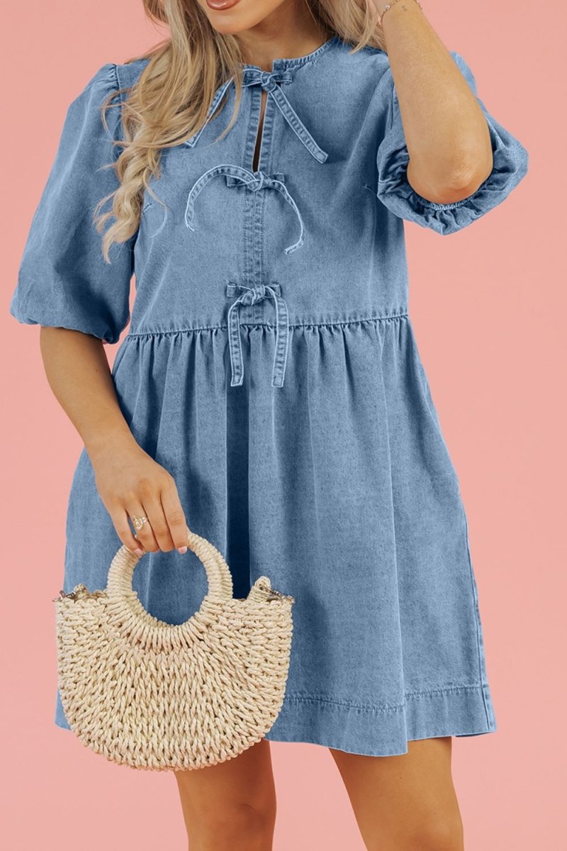 Bowknot Round Neck Half Sleeve Denim Dress - Necessary Clothing