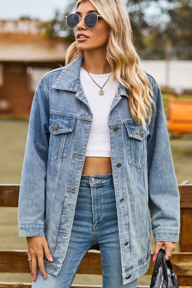 Buttoned Collared Neck Denim Jacket with Pockets - Necessary Clothing