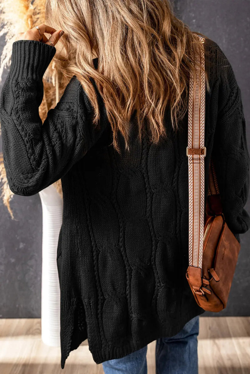 Cable - Knit Dropped Shoulder Slit Cardigan - Necessary Clothing
