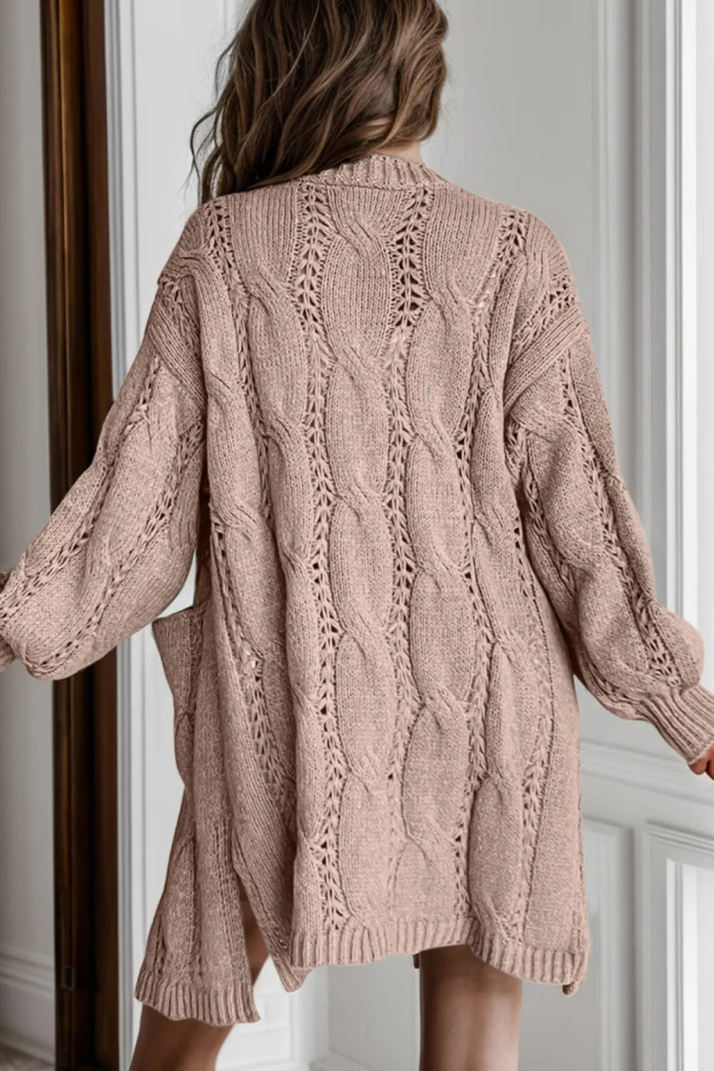 Cable - Knit Dropped Shoulder Slit Cardigan - Necessary Clothing