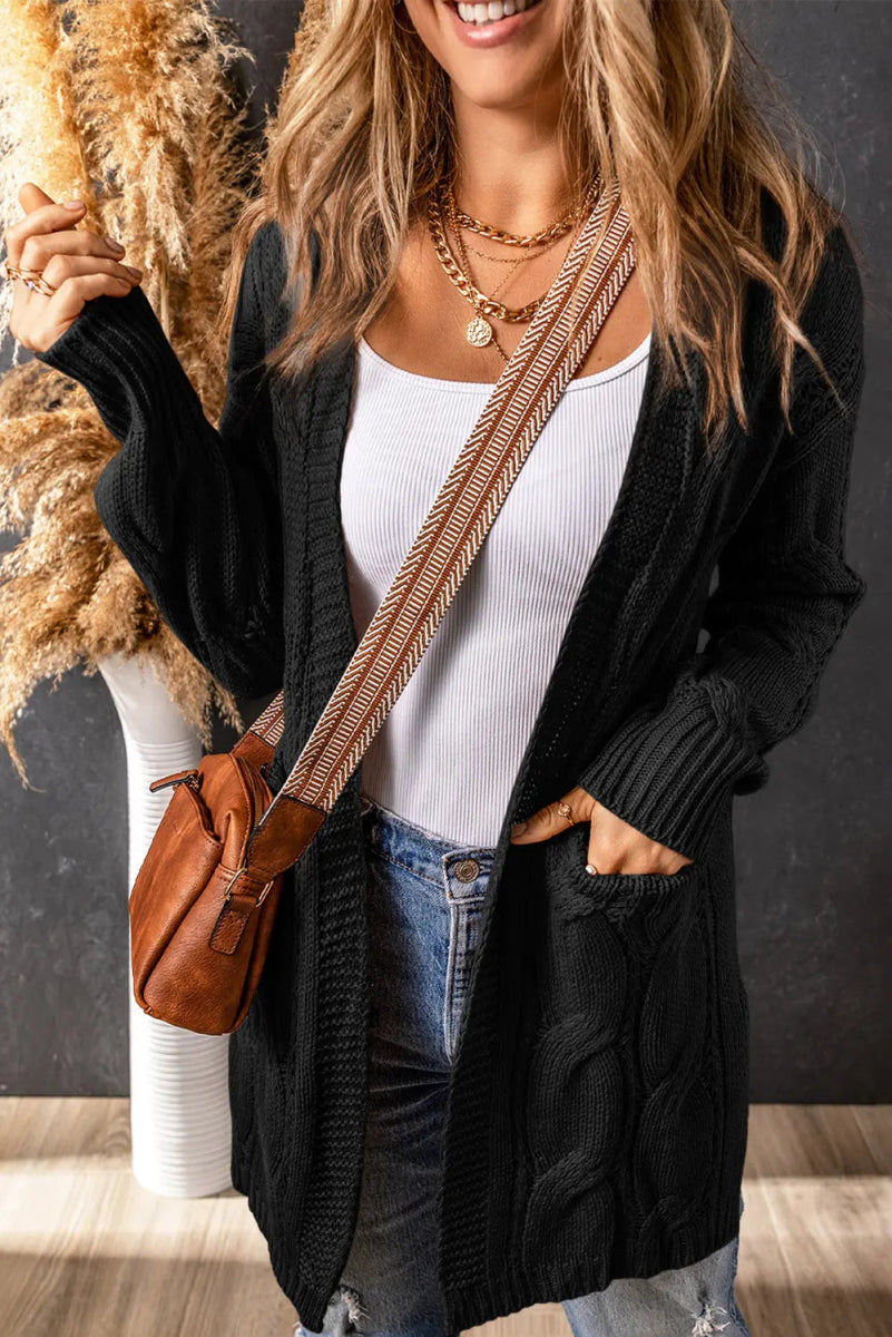 Cable - Knit Dropped Shoulder Slit Cardigan - Necessary Clothing