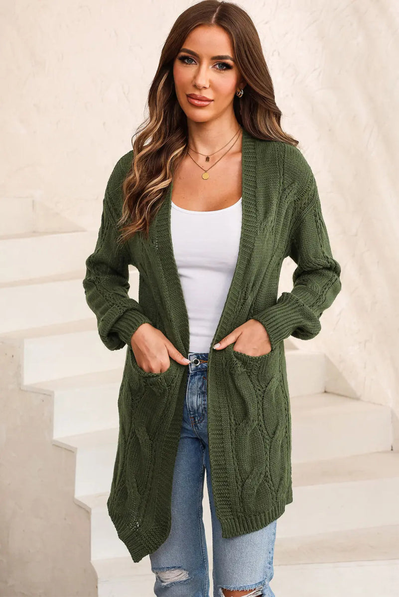 Cable - Knit Dropped Shoulder Slit Cardigan - Necessary Clothing