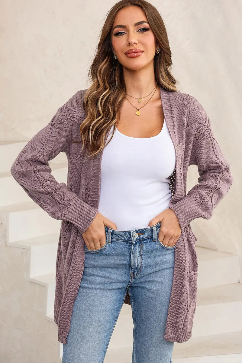 Cable - Knit Dropped Shoulder Slit Cardigan - Necessary Clothing