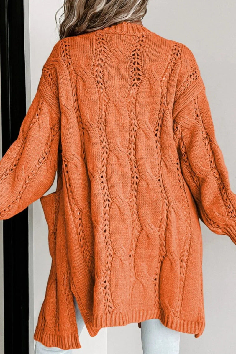 Cable - Knit Dropped Shoulder Slit Cardigan - Necessary Clothing