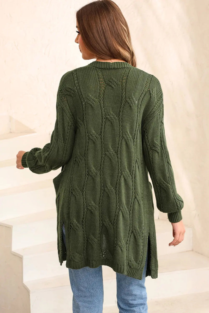 Cable - Knit Dropped Shoulder Slit Cardigan - Necessary Clothing