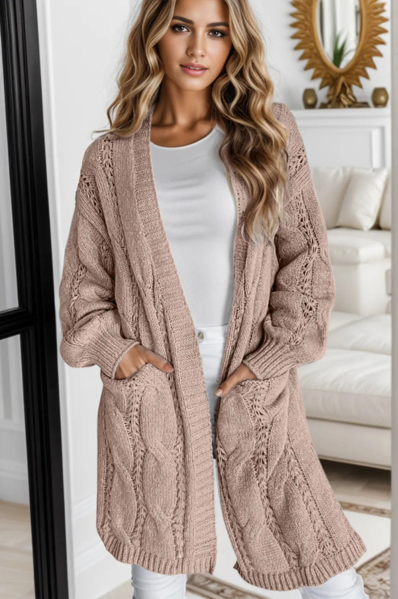 Cable - Knit Dropped Shoulder Slit Cardigan - Necessary Clothing