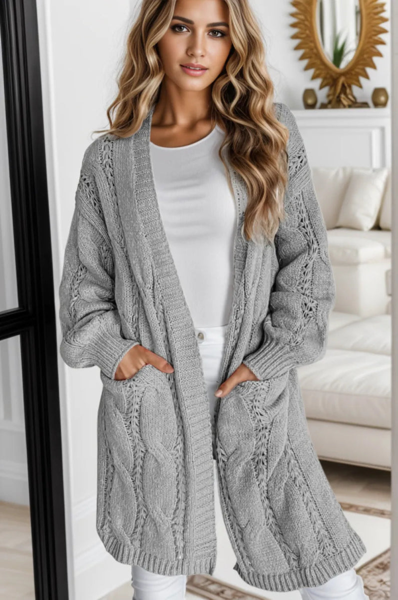 Cable - Knit Dropped Shoulder Slit Cardigan - Necessary Clothing