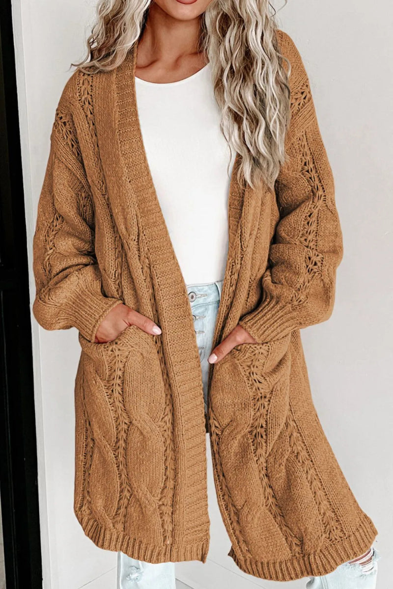 Cable - Knit Dropped Shoulder Slit Cardigan - Necessary Clothing