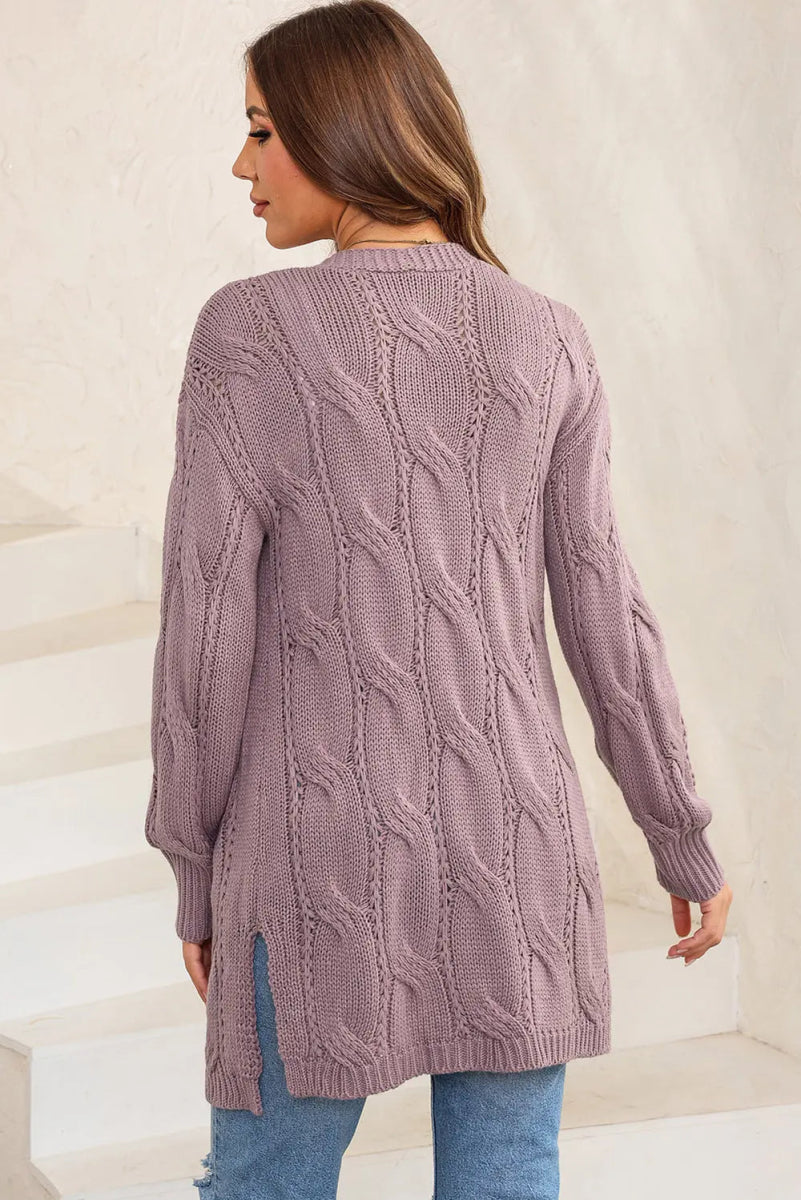 Cable - Knit Dropped Shoulder Slit Cardigan - Necessary Clothing