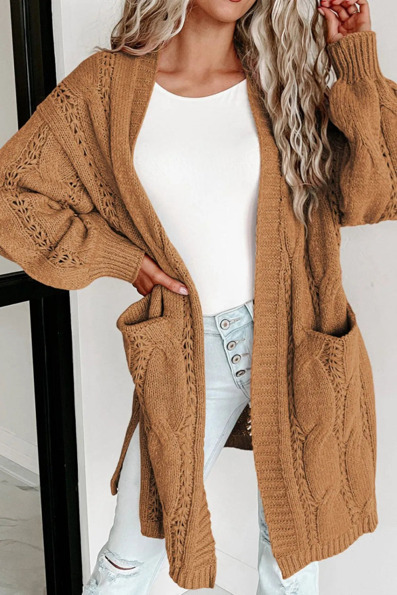 Cable - Knit Dropped Shoulder Slit Cardigan - Necessary Clothing