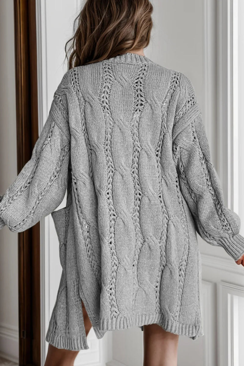 Cable - Knit Dropped Shoulder Slit Cardigan - Necessary Clothing