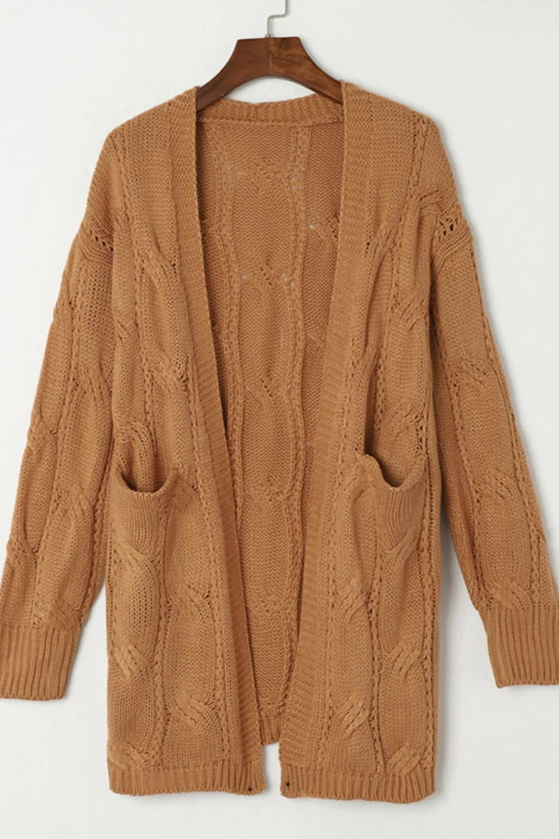 Cable - Knit Dropped Shoulder Slit Cardigan - Necessary Clothing