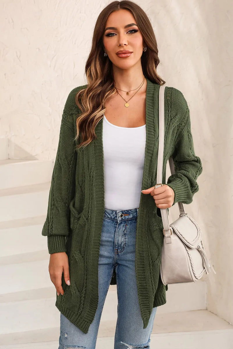 Cable - Knit Dropped Shoulder Slit Cardigan - Necessary Clothing