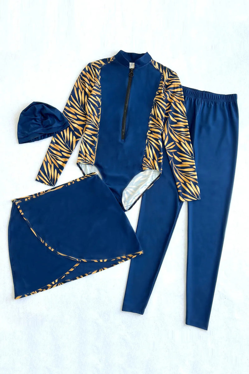 Cap, Printed Long Sleeve Swimwear, Pants and Mini Skirt 4 - Piece Swim Set - Necessary Clothing