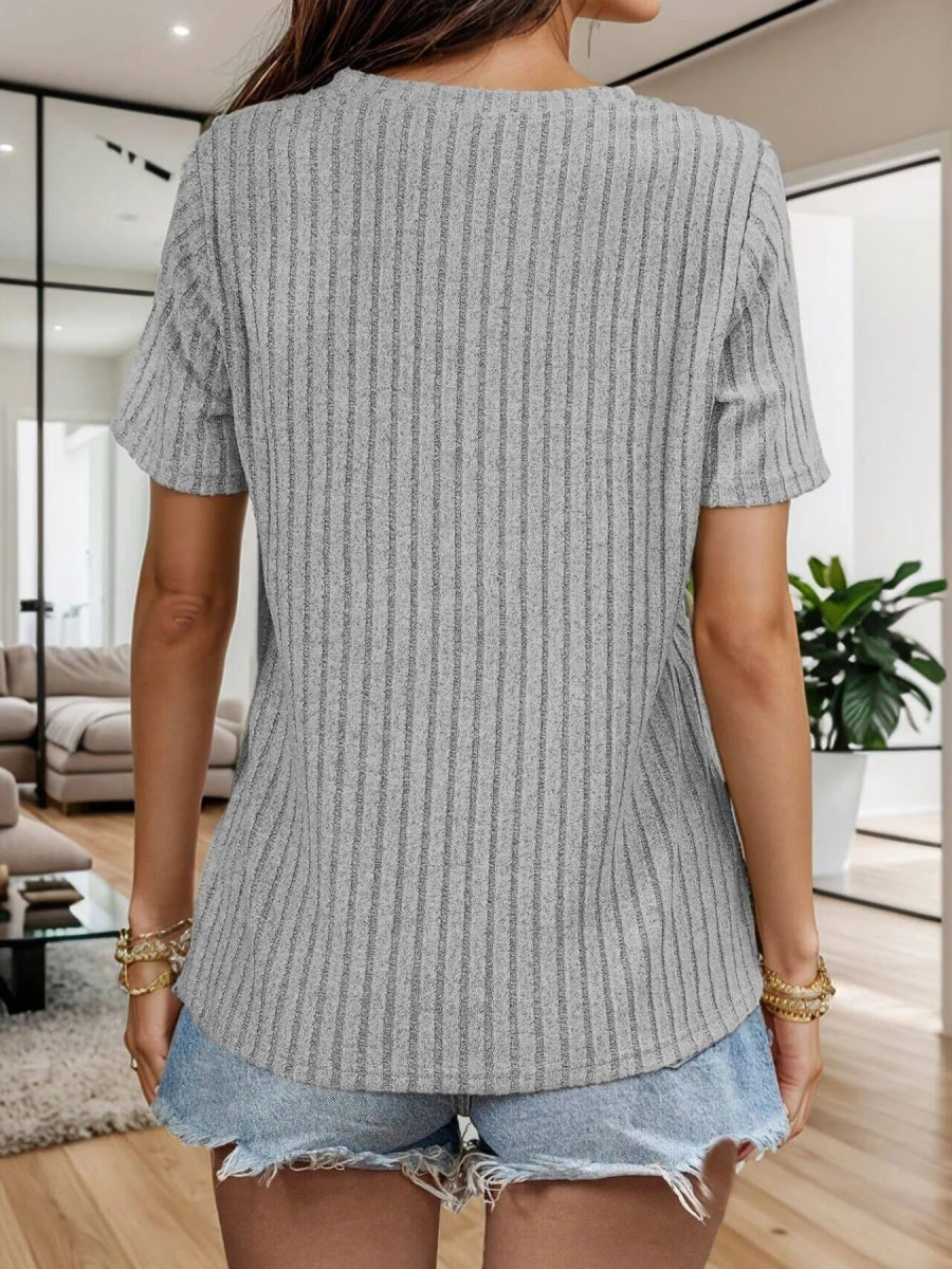 Casual Ribbed Button V - Neck Short Sleeve Top - Necessary Clothing