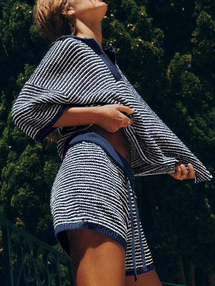 Collared Neck Contrast Striped Top and Shorts Sweater Set - Necessary Clothing