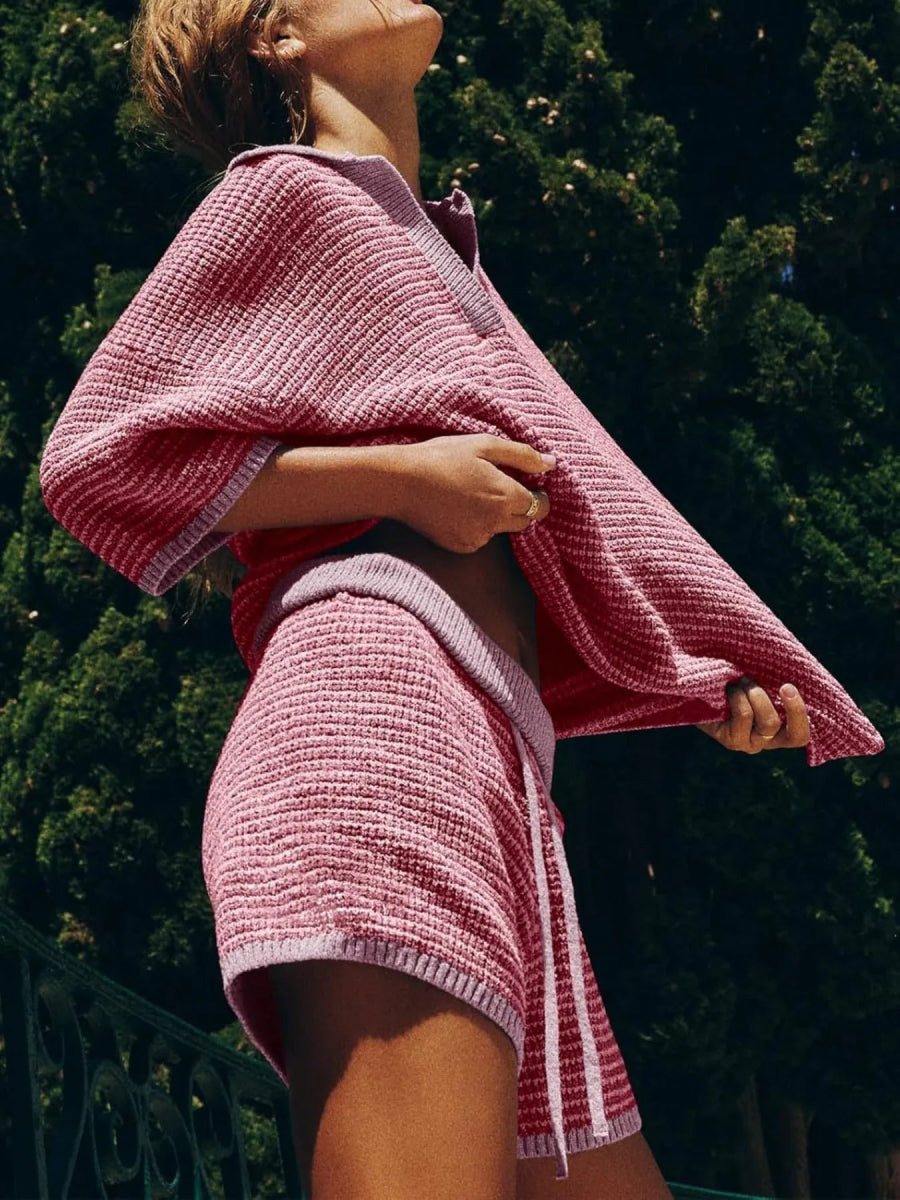 Collared Neck Contrast Striped Top and Shorts Sweater Set - Necessary Clothing