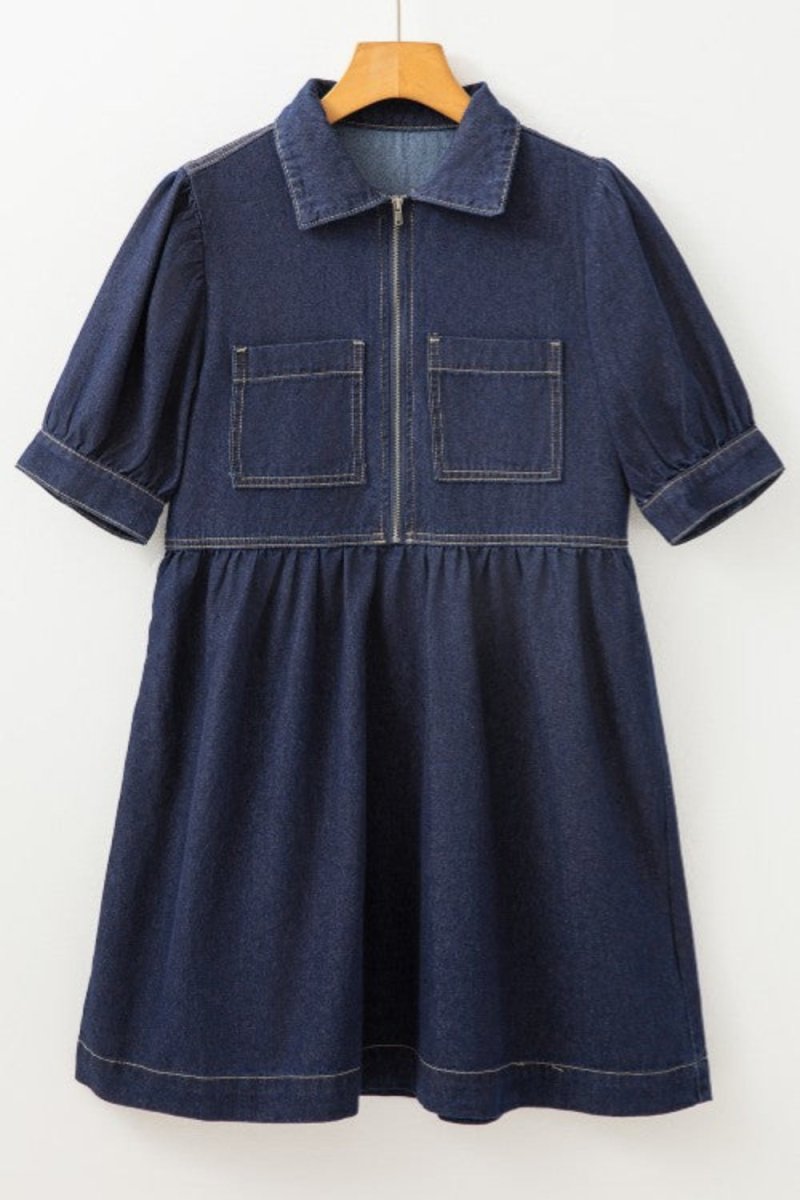 Collared Neck Half Zip Denim Dress - Necessary Clothing