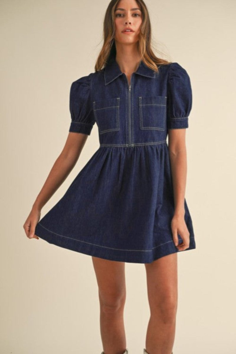 Collared Neck Half Zip Denim Dress - Necessary Clothing