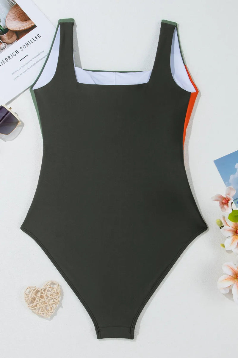 Color Block Padded Square Neck One Piece Swimsuit - Necessary Clothing