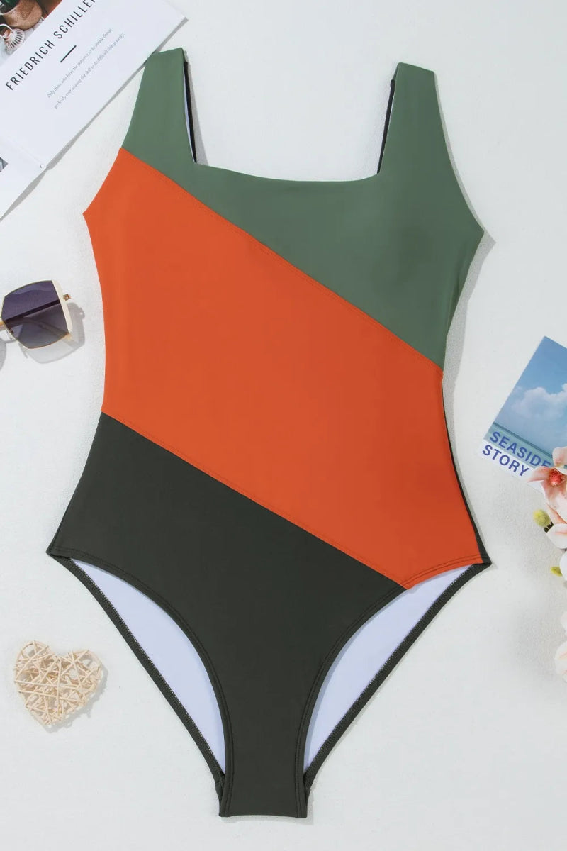 Color Block Padded Square Neck One Piece Swimsuit - Necessary Clothing