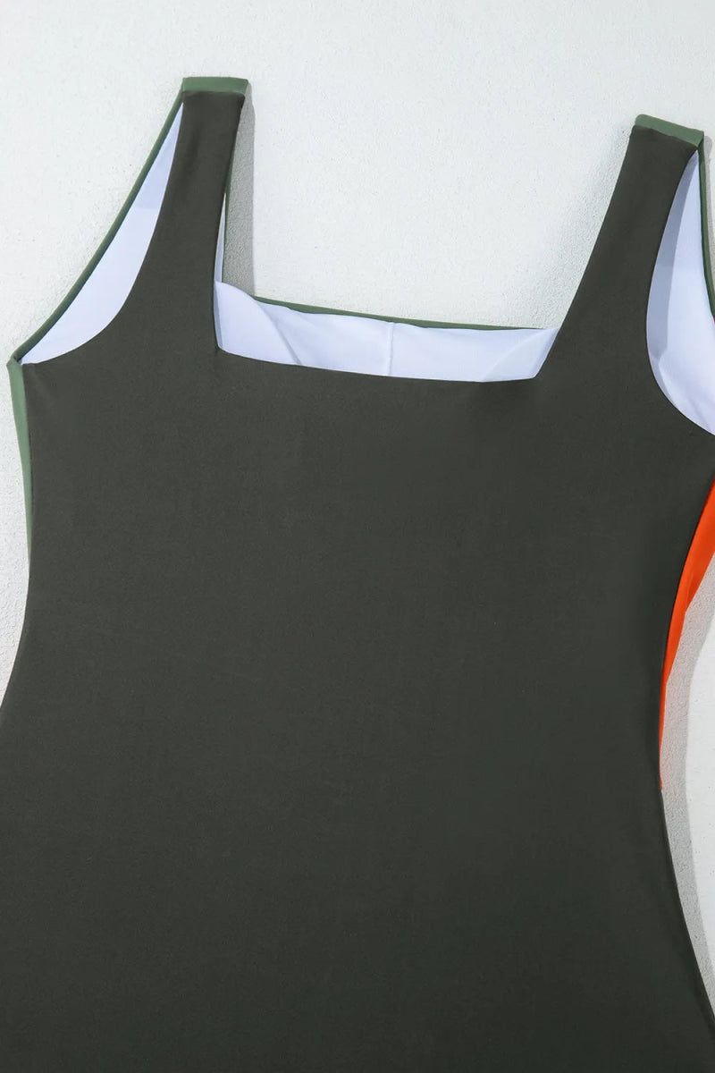 Color Block Padded Square Neck One Piece Swimsuit - Necessary Clothing