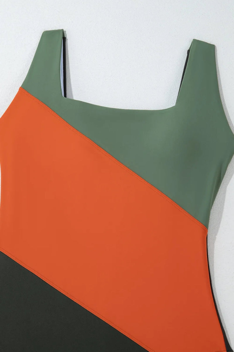 Color Block Padded Square Neck One Piece Swimsuit - Necessary Clothing