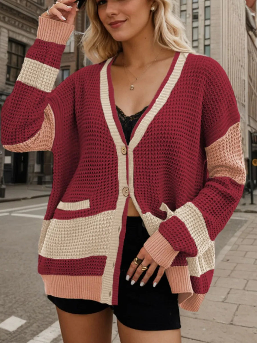 Contrast Button Up Long Sleeve Cardigan - Necessary Clothing