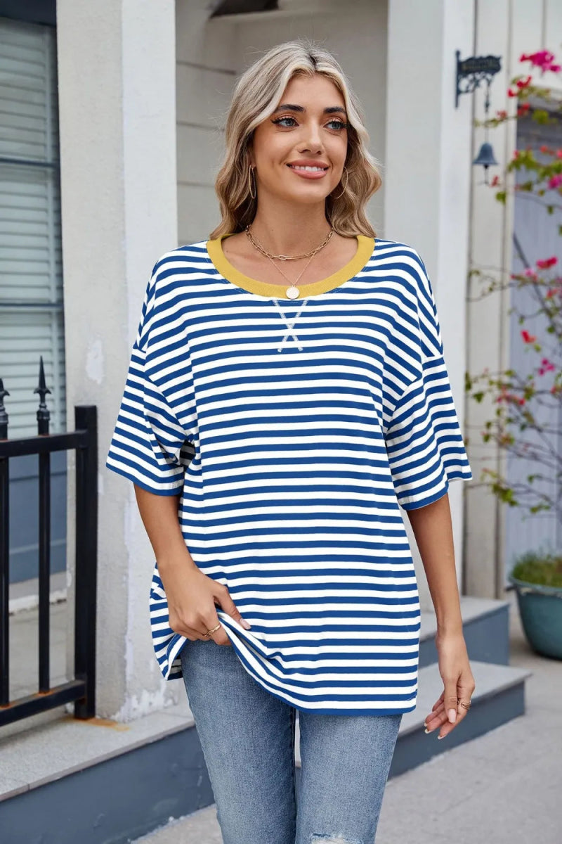 Contrast Striped Round Neck Half Sleeve T-Shirt - Necessary Clothing