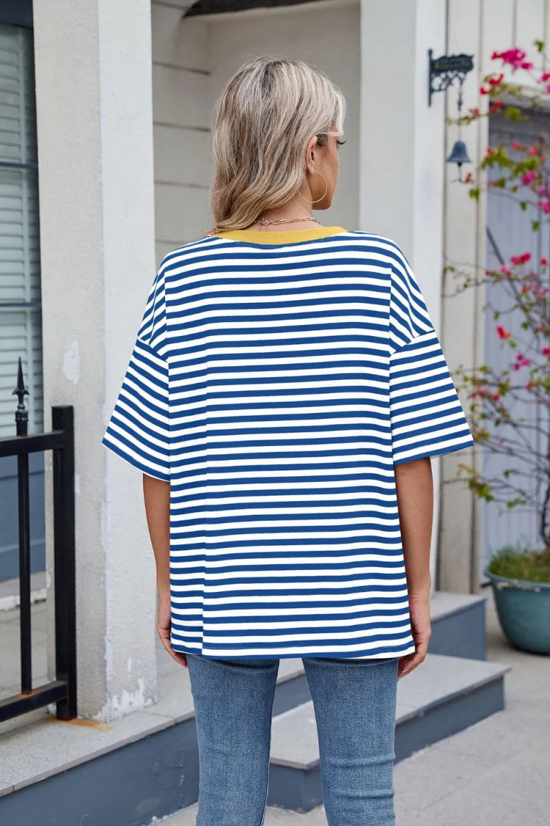 Contrast Striped Round Neck Half Sleeve T-Shirt - Necessary Clothing