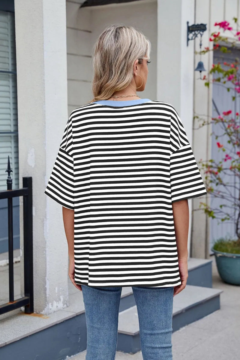 Contrast Striped Round Neck Half Sleeve T-Shirt - Necessary Clothing
