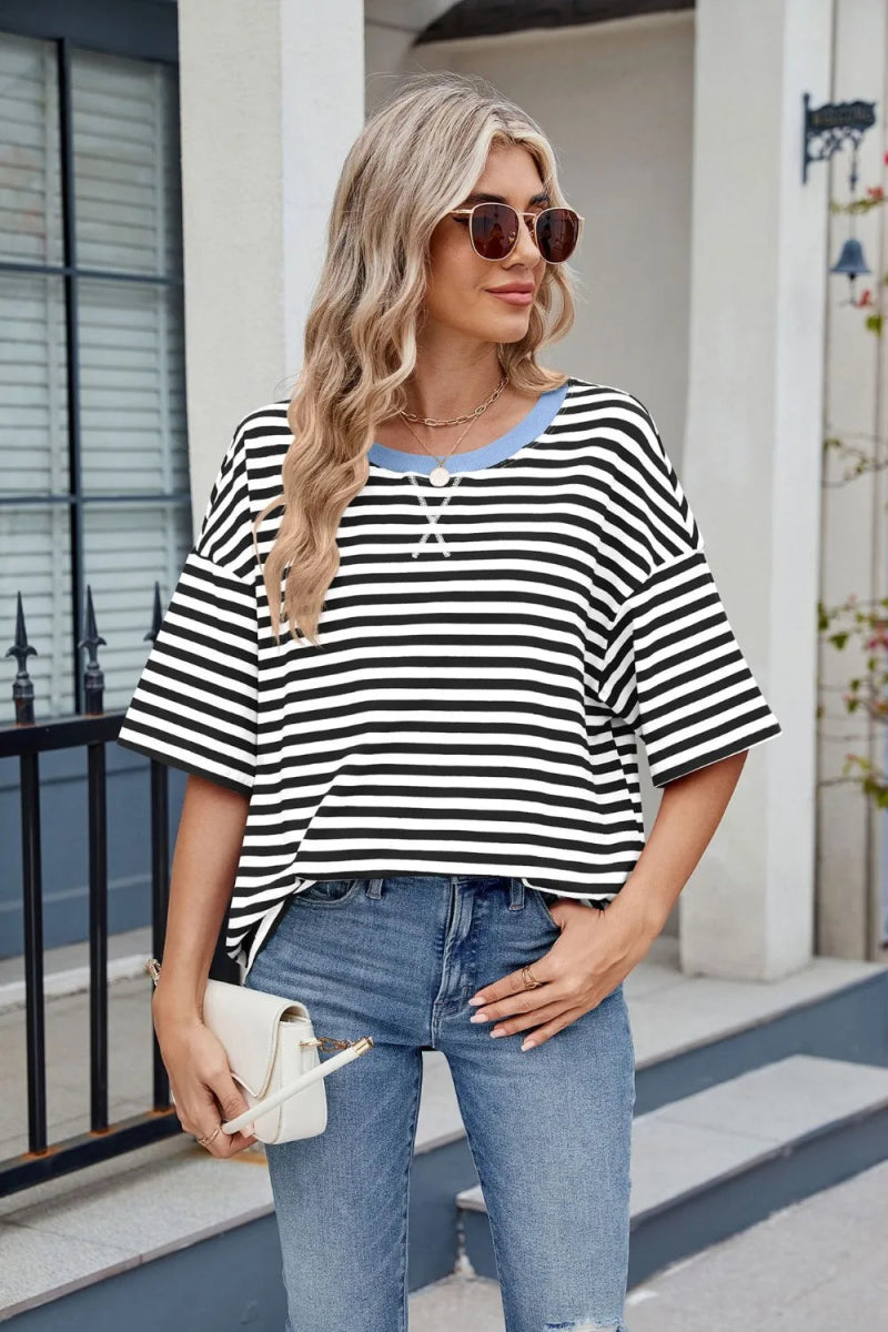 Contrast Striped Round Neck Half Sleeve T-Shirt - Necessary Clothing