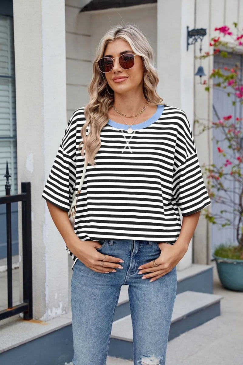 Contrast Striped Round Neck Half Sleeve T-Shirt - Necessary Clothing